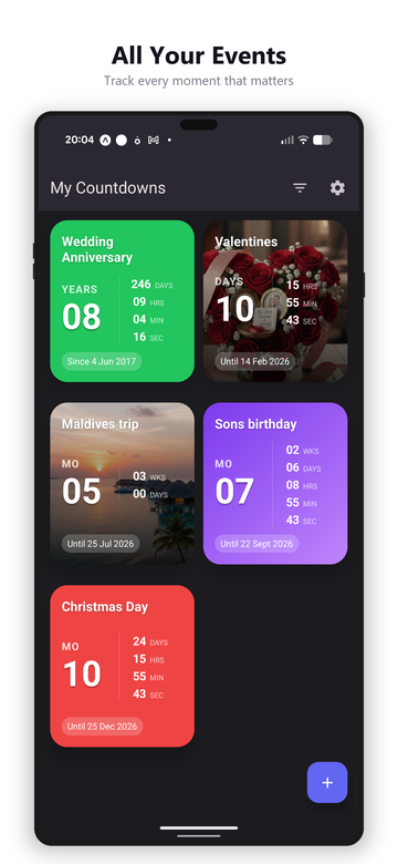 Countzy main screen showing countdown cards for Wedding Anniversary, Valentines, Maldives trip, and Christmas Day