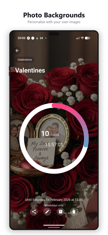 Valentine's countdown with red roses photo background and live progress ring overlay