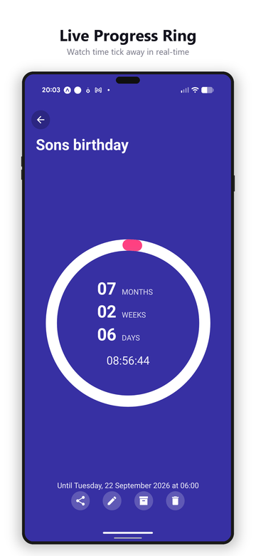 Birthday countdown detail view with large progress ring showing months, weeks, and days remaining