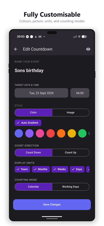 Edit countdown screen with colour gradients, count direction toggle, display units, and counting mode options