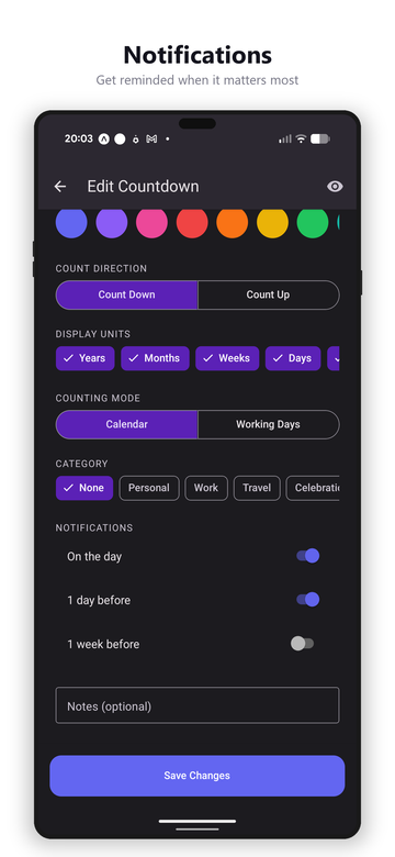 Notification settings showing on-the-day reminders, advance notifications, and category selection
