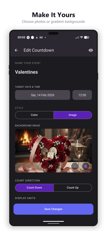 Edit screen showing photo background selection with personal images for a Valentines countdown